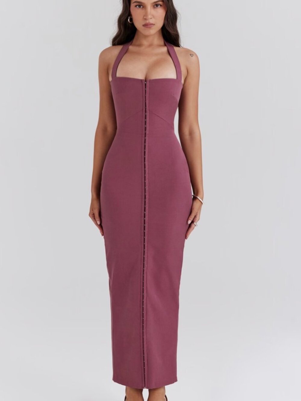 HOUSE OF CB 'Mia' Mulberry Twill Halter Maxi Dress Excellent Condition XS